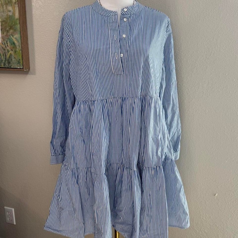 J.Crew Blue & White Striped Tiered Cotton Dress –‎ Size M